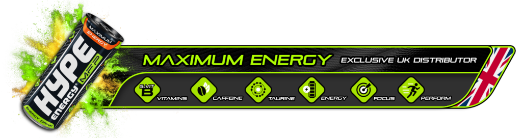 Promotional banner for Hype Energy Drink highlighting its role as the exclusive UK distributor, featuring a vibrant design with key benefits and a partnership invitation for potential distributors.