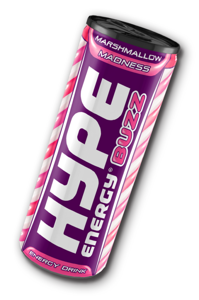 Image of a Hype Buzz Energy Drink can, featuring a purple background with white "HYPE" text and pink candy cane stripes labeled Marshmallow Madness.