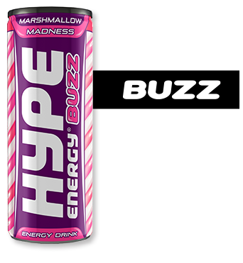 The image shows a can of "Hype Energy Buzz Marshmallow Madness", a marshmallow-flavored energy drink. The can's design features vibrant pink and purple stripes, highlighting the unique flavor.