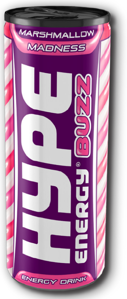 Hype Buzz Energy Drink can, featuring a purple background with white "HYPE"