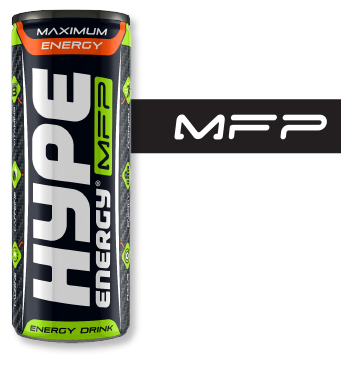 The image shows a can of "Hype Energy MFP", a carbonated energy drink. The design features a bold, modern look with the words "Maximum Energy" and "Hype Energy MFP" prominently displayed.