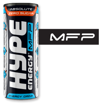 The image shows a can of "Hype Energy MFP Absolute Zero Sugar", a sugar-free energy drink. The design features striking blue accents, emphasizing the zero sugar content.