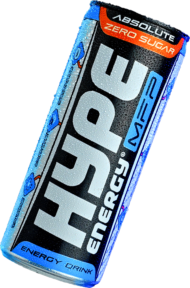 Image of Hype Energy MFP Sugar-Free, a sleek and vibrant can with 'Absolute Zero Sugar' boldly displayed at the top, showcasing its energizing formula. The metallic can features prominent branding and highlights its sugar-free content, designed to deliver maximum energy without the calories.