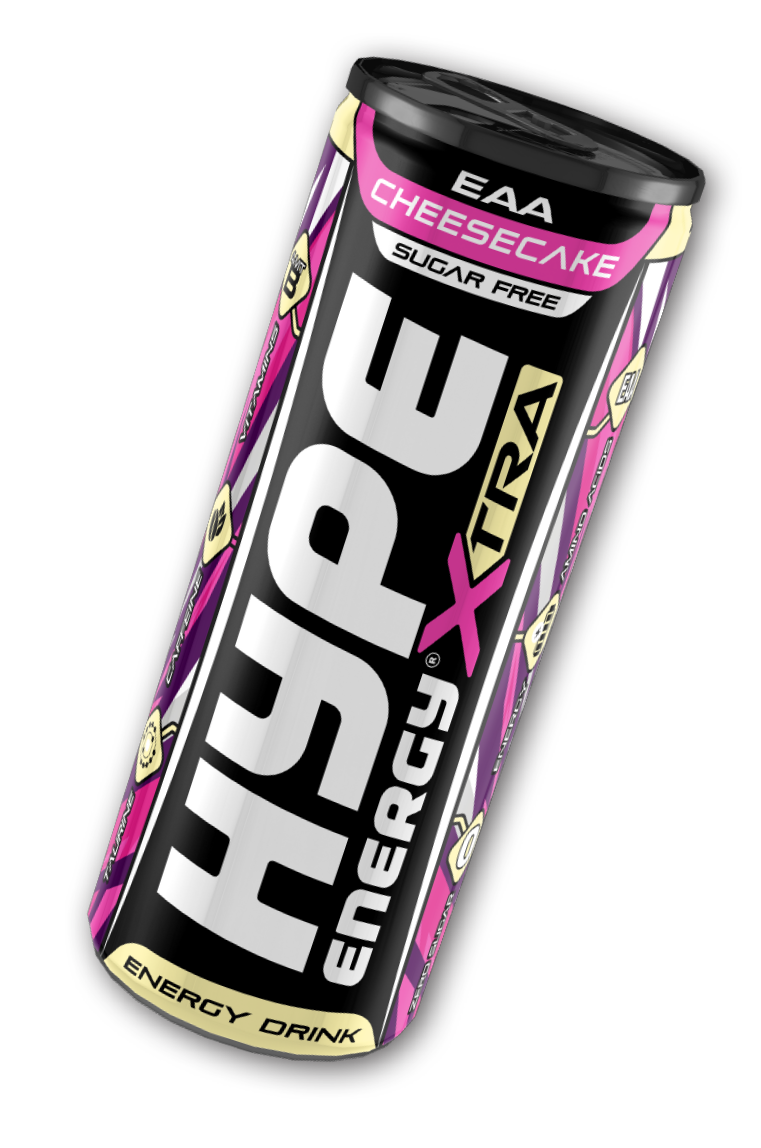 Hype XTRA Cheesecake, a sugar-free energy drink featuring essential amino acids