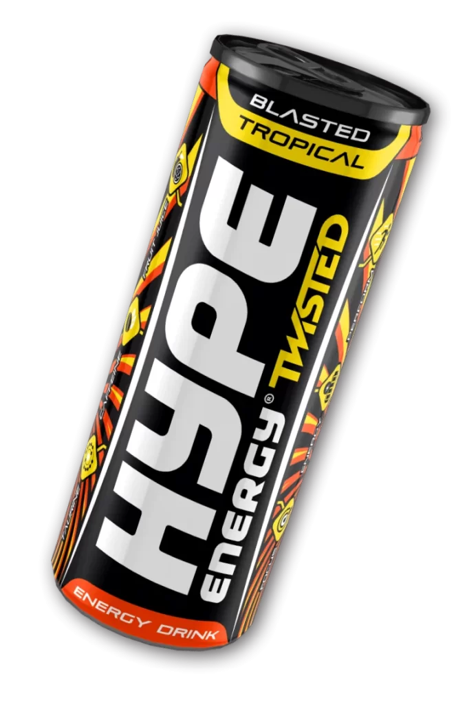 Hype Energy Twisted Tropical drink, featuring bold branding