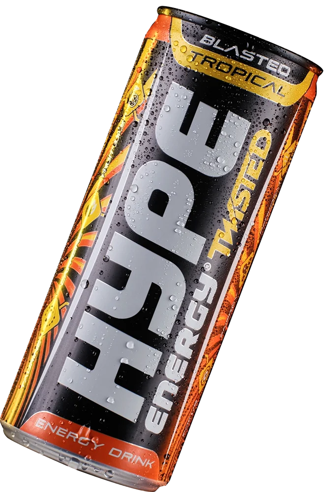 The image shows a can of Hype Energy Twisted Tropical drink, featuring bold branding with vibrant colors and tropical imagery. The design highlights the drink's energetic and refreshing appeal, with "Twisted" and "Tropical" prominently emphasized to attract attention.