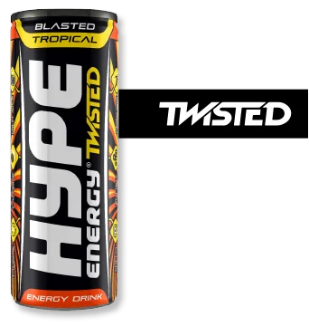 The image shows a can of "Hype Energy Twisted Blasted Tropical", a tropical-flavored energy drink. The design features vibrant orange and black tribal patterns, accentuating the exotic taste.