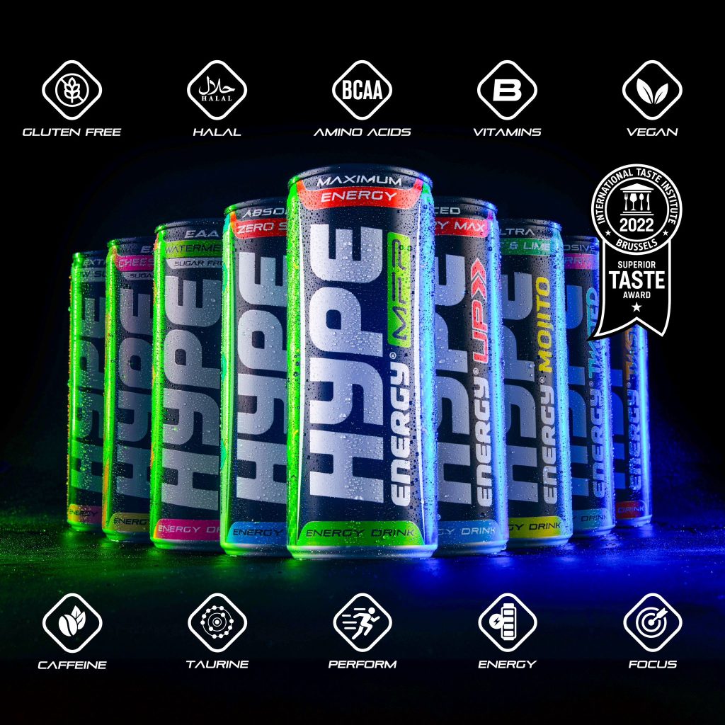 Image showing a lineup of Hype Energy Drinks in various flavors, featuring gluten-free, halal, vegan, and BCAA-boosted options. The cans highlight benefits like caffeine, taurine, vitamins, energy, focus, and performance, with the drinks earning the 2022 Superior Taste Award.