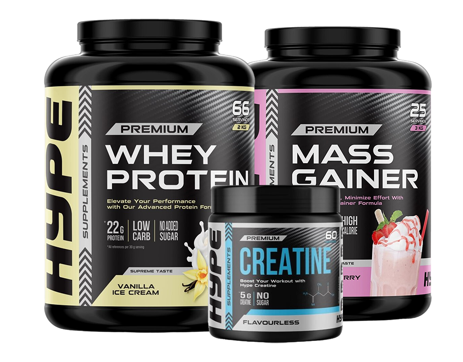 Image showcasing Hype Supplements, including Premium Whey Protein in Vanilla Ice Cream flavor, Mass Gainer in Strawberry, and flavorless Creatine. The products emphasize high protein, low carb, and no added sugar features for enhanced athletic performance.