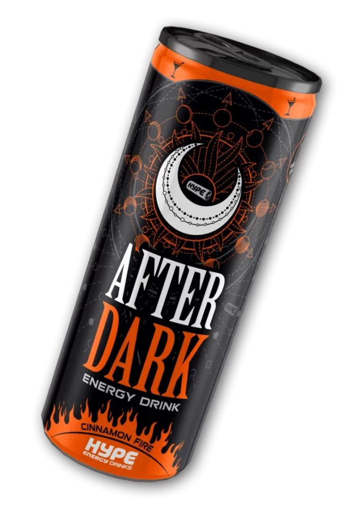 The image displays a can of "After Dark Hype Energy Drink" featuring a sleek black and orange design with dynamic, geometric motifs, emphasizing its "Cinnamon Fire" flavor.