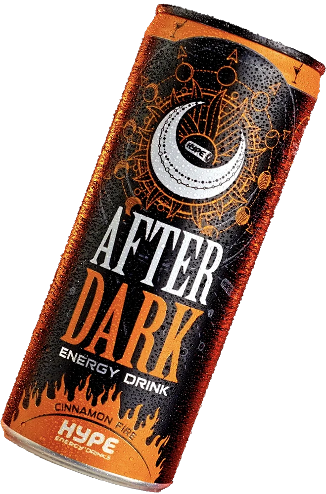 The image shows an After Dark Hype Energy drink can, designed in striking black and orange, highlighting its Cinnamon Fire flavor with vibrant flame graphics.