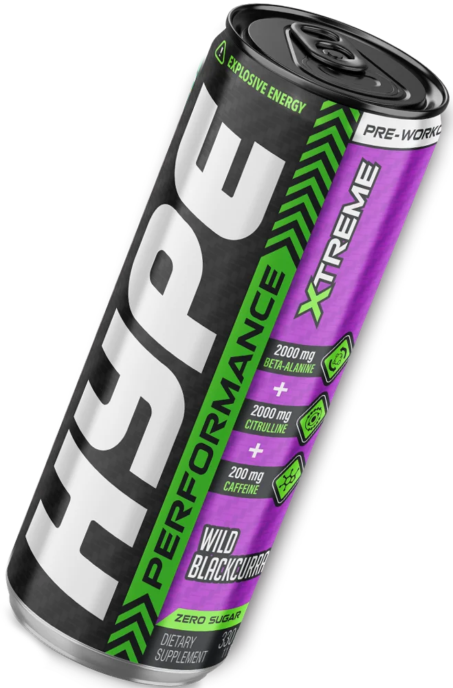 A can of Hype Xtreme Pre-Workout energy drink, featuring a bold black, green, and purple design. The can highlights ingredients like Beta-Alanine and Citrulline for explosive energy and performance enhancement.