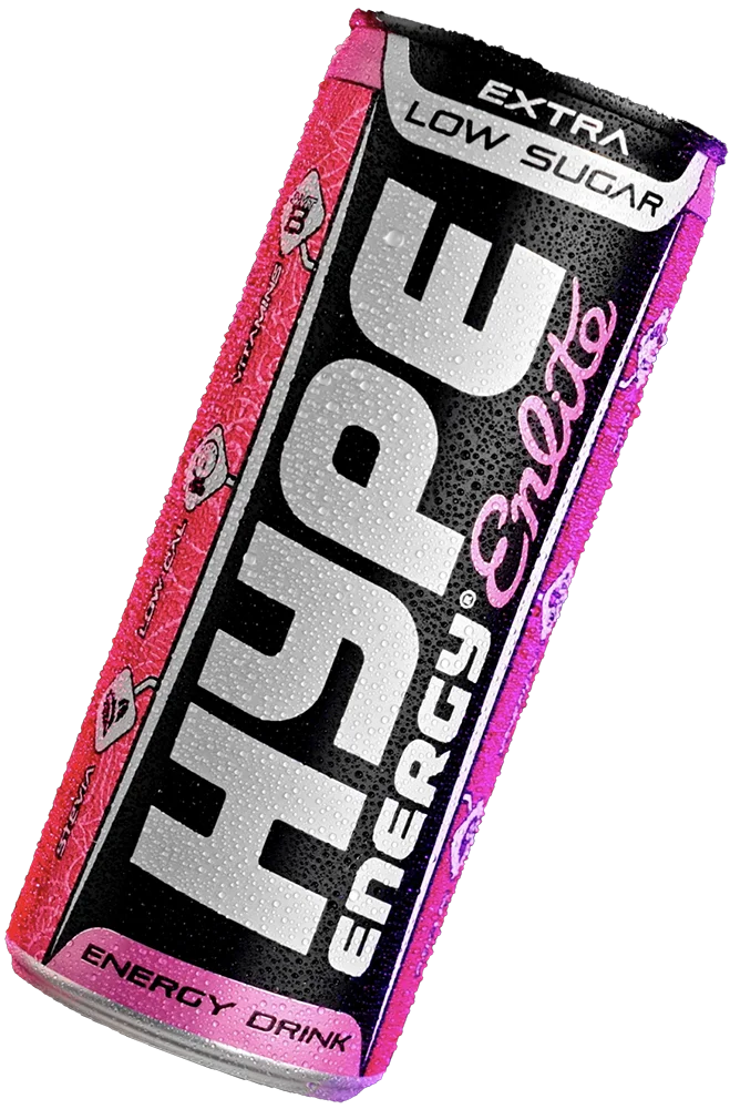 The image shows a can of Enlite Energy drink, an extra low sugar energy drink in a sleek black and pink design, emphasizing its bold and vibrant appeal.