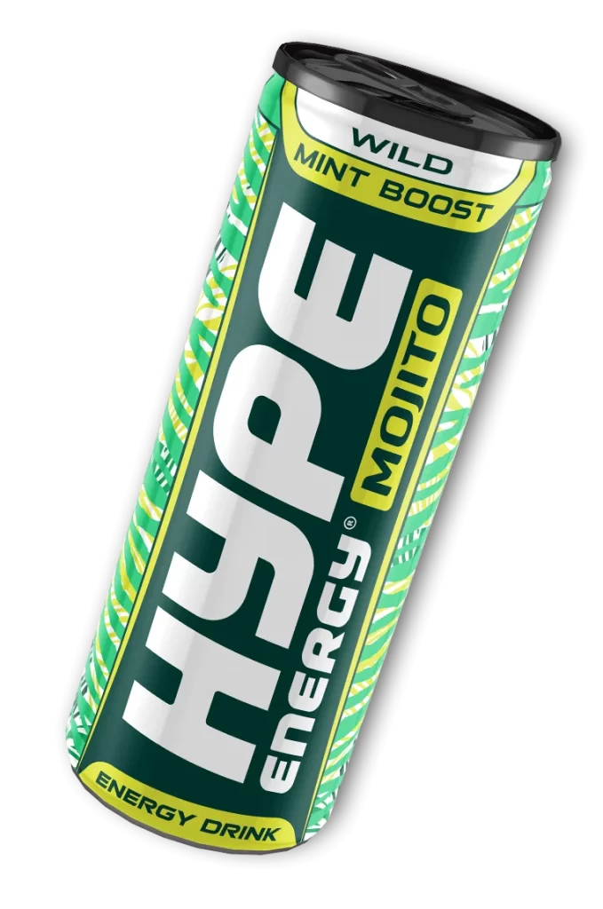 A sleek, green can of Hype Energy Mojito" showcasing bold white lettering with lime and mint accents. The label highlights "Wild Mint Boost," emphasizing its refreshing, invigorating energy blend.