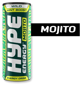 The image shows a can of Hype Energy Mojito Wild Mint Boost", a mojito-flavored energy drink. The can is adorned with bright green colors, emphasizing its minty flavor.