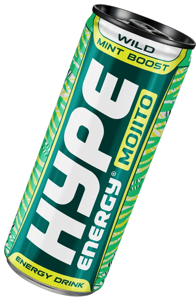 A vibrant green can of Hype Energy Mojito featuring bold branding, with a prominent "Wild Mint Boost" label. The sleek design reflects the zesty, refreshing lime and mint flavor, delivering an energetic punch.