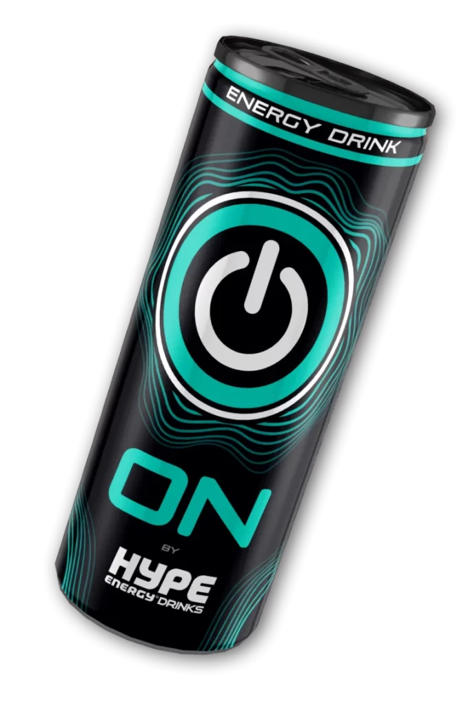 Hype ON Energy Drink, featuring a sleek, futuristic design with a prominent power button symbol on the front, signaling instant energy.