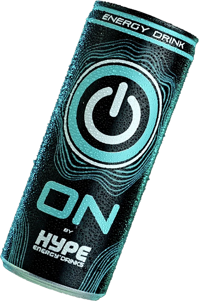 The image shows a can of Hype ON Energy Drink, featuring a sleek, futuristic design with a prominent power button symbol on the front, signaling instant energy. The can is covered in droplets, emphasizing its cold and refreshing nature, perfect for a quick energy boost.