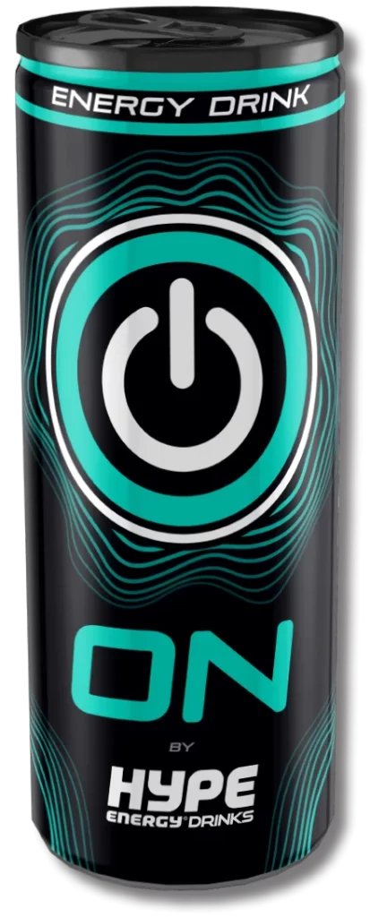 Hype ON Energy Drink, featuring a sleek, futuristic design with a prominent power button symbol on the front, signaling instant energy.